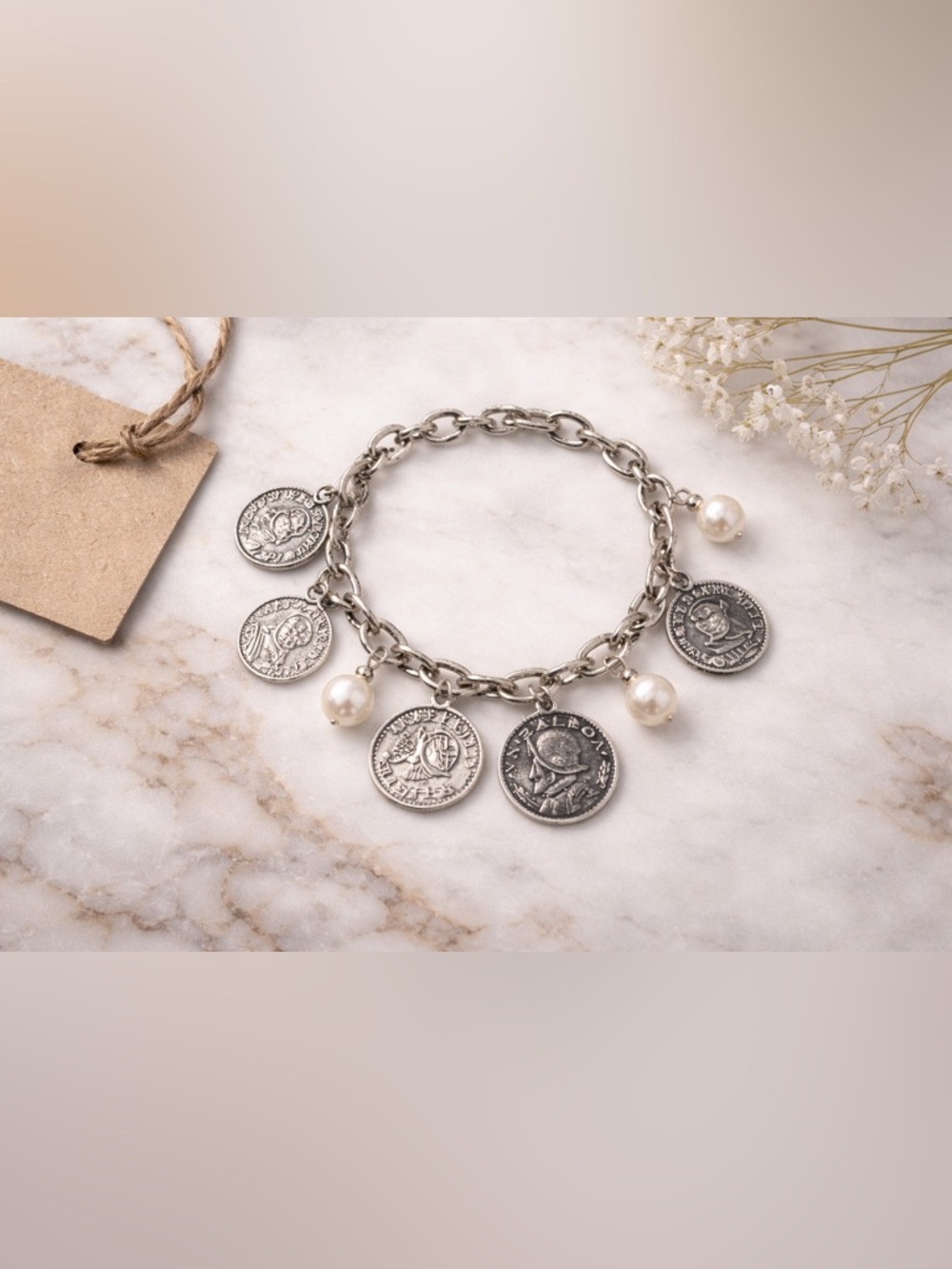 Silver Coin Charm Bracelet Pearl Beads Napoleon Athena Portrait Vintage Style